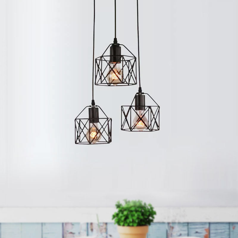 Hexagon Kitchen Ceiling Fixture with Wire Cage Farmhouse Style Metallic 3 Bulbs Black Finish Pendant Light