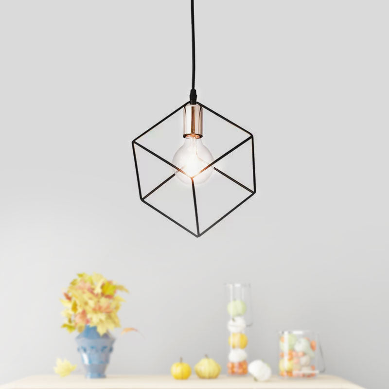 1 Light Squared Cage Ceiling Lighting Retro Style Black Finish Metal Hanging Light Fixture for Living Room