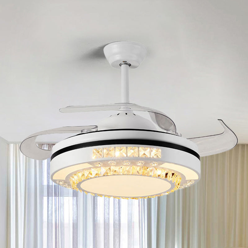 LED Round Pendant Fan Lamp Modern White Clear Crystal Blocks Semi Flush with 4 Blades, 21.5" Wide