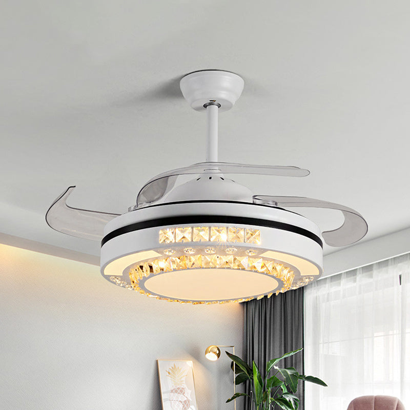 LED Round Pendant Fan Lamp Modern White Clear Crystal Blocks Semi Flush with 4 Blades, 21.5" Wide