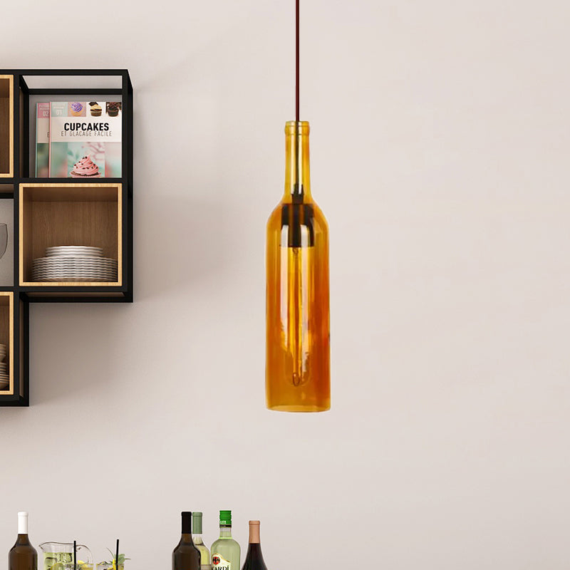 Red/Yellow 1 Head Hanging Light Fixture Vintage Style Glass Wine Bottle Suspension Lamp for Dining Room