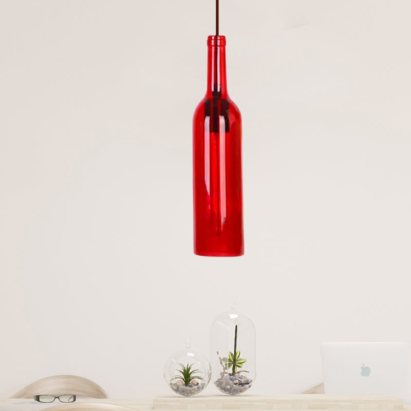 Red/Yellow 1 Head Hanging Light Fixture Vintage Style Glass Wine Bottle Suspension Lamp for Dining Room