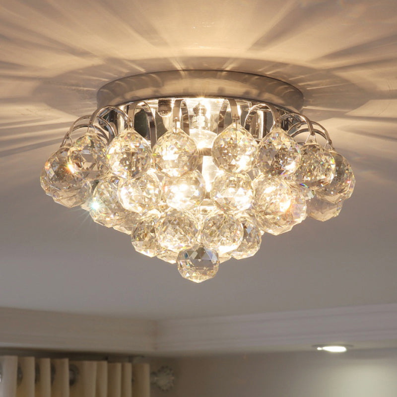 2 Heads Tapered Flushmount Light Modern Clear Faceted Crystal Balls Ceiling Flush for Corridor