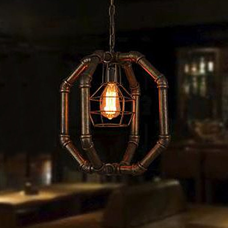 1 Bulb Metal Hanging Lamp Farmhouse Style Brass Water Pipe Restaurant Ceiling Fixture with Inner Dome Cage Shade