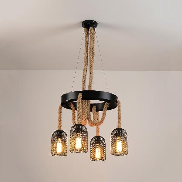 4 Lights Ring Hanging Light with Mesh Shade and Rope Industrial Black Metallic Chandelier Lamp for Foyer