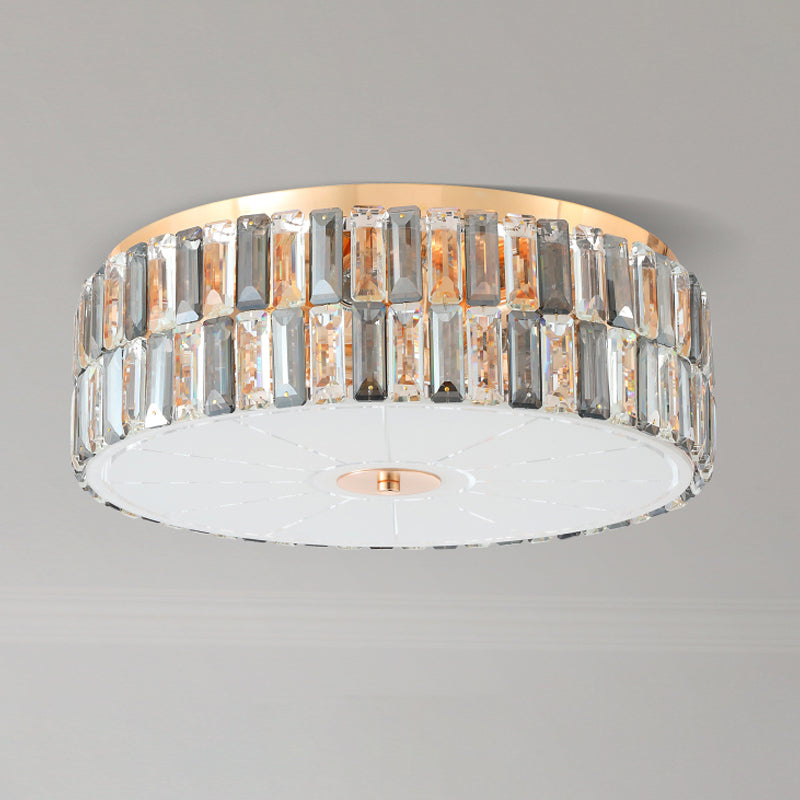 Clear Crystal Blocks Drum Flush Light Fixture Modern 6 Bulbs Bedchamber Close to Ceiling Lamp