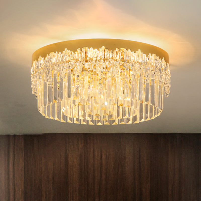 3/5/6 Heads Round Flush Light Modern Gold Finish Clear 3-Sided Crystal Rods Ceiling Mount, 14"/19"/23.5" Wide