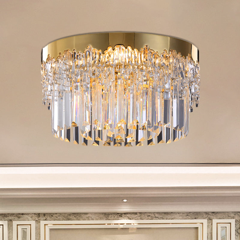 3/5/6 Heads Round Flush Light Modern Gold Finish Clear 3-Sided Crystal Rods Ceiling Mount, 14"/19"/23.5" Wide