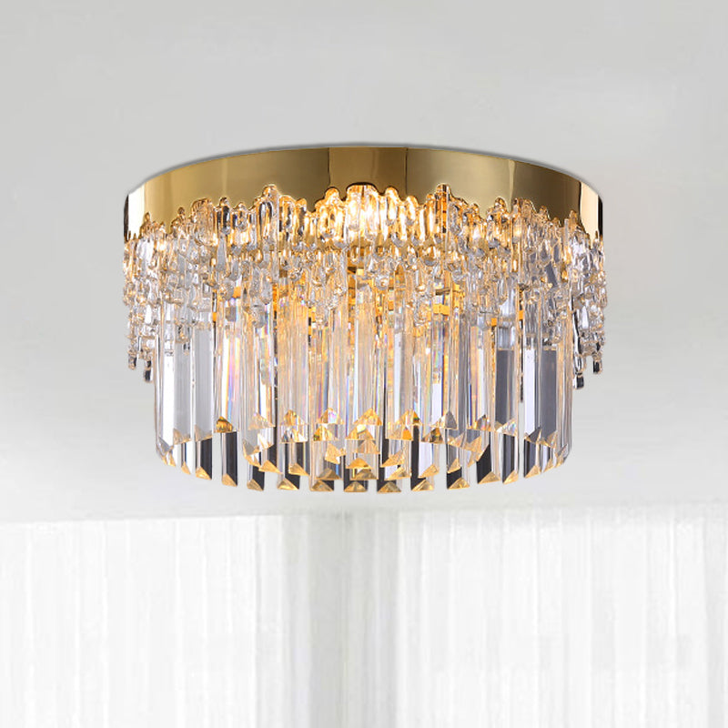 3/5/6 Heads Round Flush Light Modern Gold Finish Clear 3-Sided Crystal Rods Ceiling Mount, 14"/19"/23.5" Wide