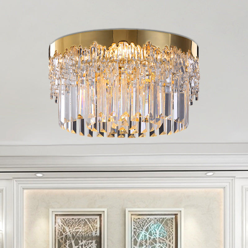 3/5/6 Heads Round Flush Light Modern Gold Finish Clear 3-Sided Crystal Rods Ceiling Mount, 14"/19"/23.5" Wide