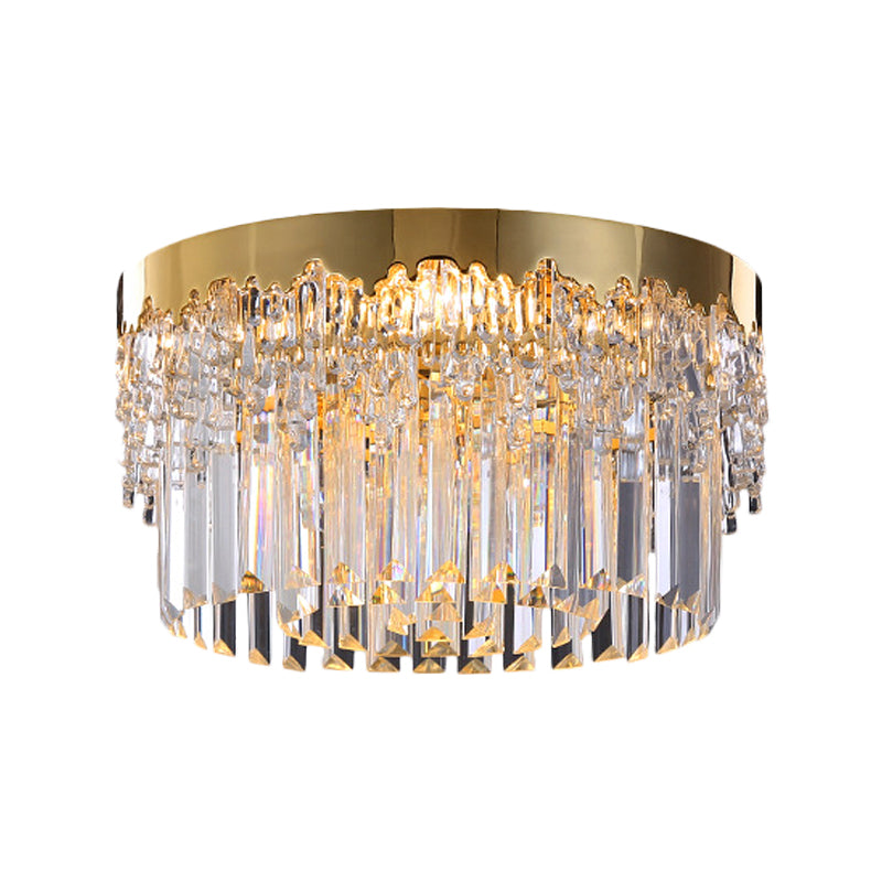 3/5/6 Heads Round Flush Light Modern Gold Finish Clear 3-Sided Crystal Rods Ceiling Mount, 14"/19"/23.5" Wide