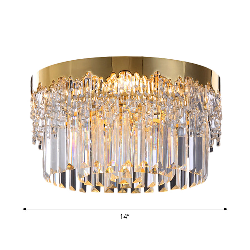 3/5/6 Heads Round Flush Light Modern Gold Finish Clear 3-Sided Crystal Rods Ceiling Mount, 14"/19"/23.5" Wide