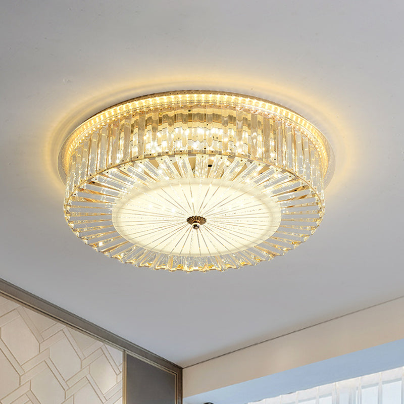 LED Flush Mount with Drum Shade Clear Crystals Contemporary Sleeping Room Ceiling Flush Mount