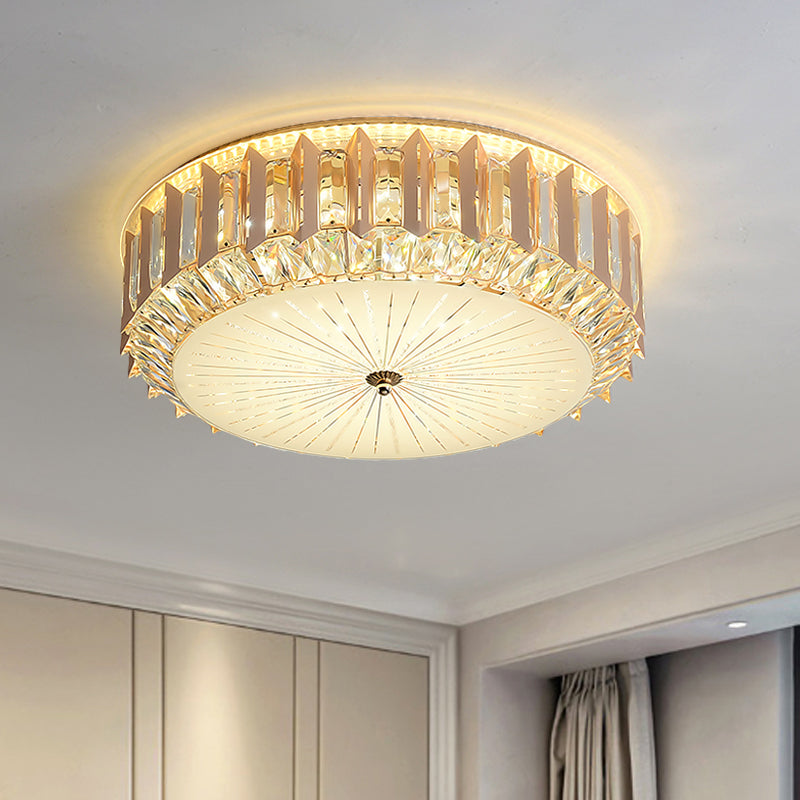 LED Flushmount Light Contemporary Drum Bevel Cut Crystals Close to Ceiling Lamp with Metal Finish