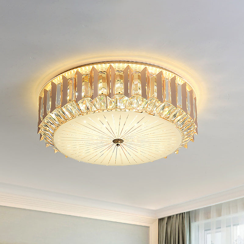 LED Flushmount Light Contemporary Drum Bevel Cut Crystals Close to Ceiling Lamp with Metal Finish