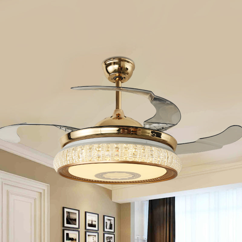 Gold Canopy LED Semi Flush Contemporary Faceted Crystals Round Pendant Fan Lamp with 3 Blades, 42"W