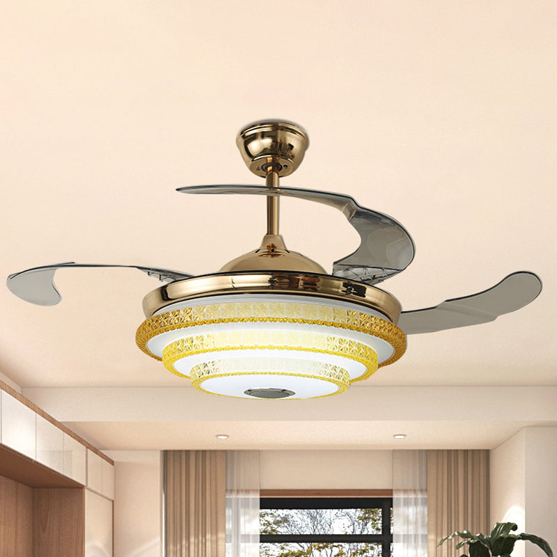 3 Blades Modern Round Semi Flush Bevel Cut Crystals LED Ceiling Fan Lamp in Gold, 42" Width