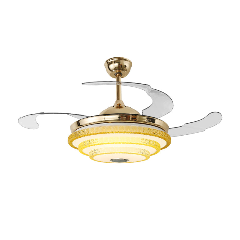 3 Blades Modern Round Semi Flush Bevel Cut Crystals LED Ceiling Fan Lamp in Gold, 42" Width