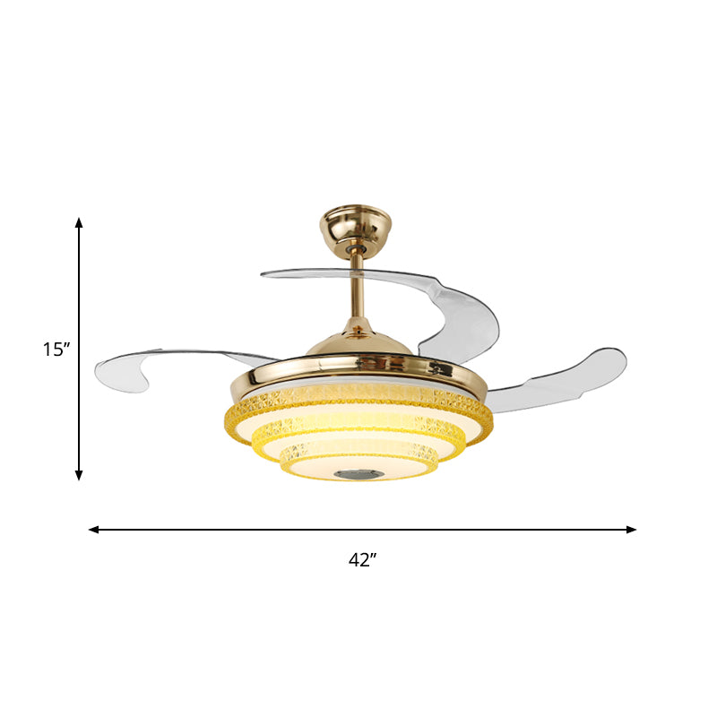 3 Blades Modern Round Semi Flush Bevel Cut Crystals LED Ceiling Fan Lamp in Gold, 42" Width