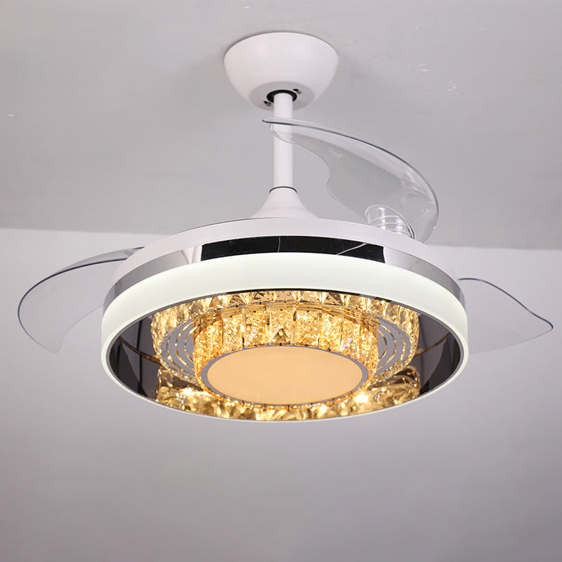 White LED Pendant Fan Light Contemporary Faceted Crystals Circular 3 Blades Semi Flush Light, 42" W