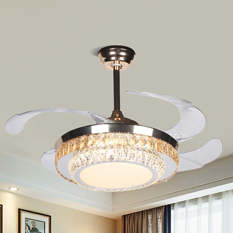 42" Wide LED Semi Flush Contemporary Round Rectangular-Cut Crystals 4 Blades Pendant Fan Lamp in Silver