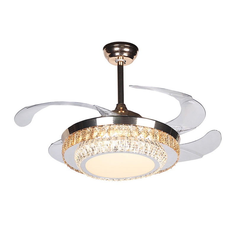 42 "brede LED Semi Flush Contemporary Round Round Round-rechthoekige kristallen 4 Blades Hangdanger ventilatorlamp in zilver