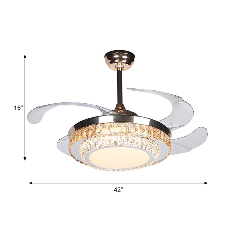 42 "brede LED Semi Flush Contemporary Round Round Round-rechthoekige kristallen 4 Blades Hangdanger ventilatorlamp in zilver