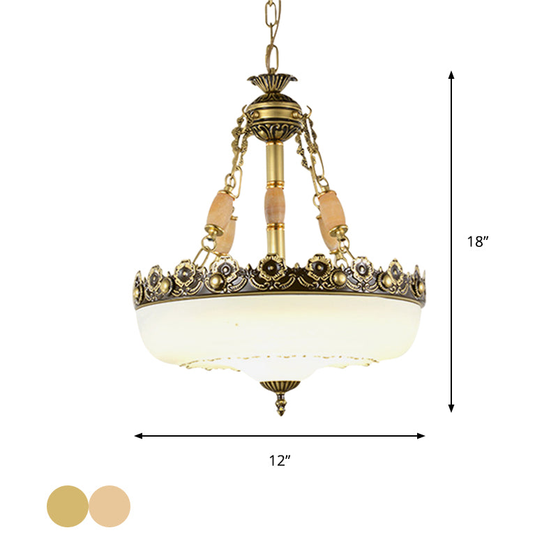 Barn-Like White Glass Pendant Light Classic Single Bulb Bedroom Suspension Lighting Fixture in Beige/Brass, 12"/16"/19.5" W