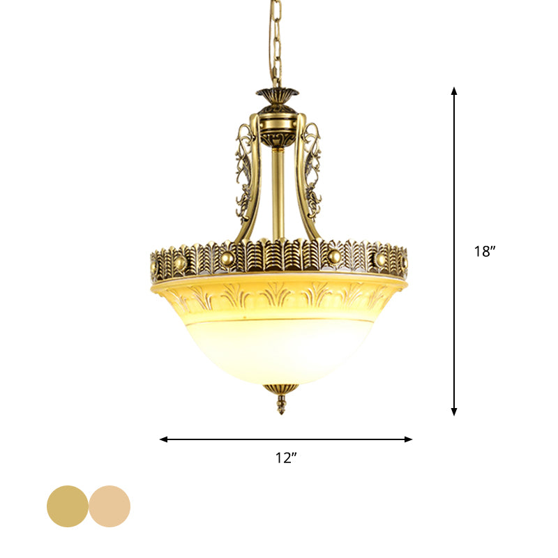 Beige/Brass Bell Shape Hanging Lamp Rustic Style Milky Glass 12"/16"/19.5" Wide Single Head Hallway Down Lighting Pendant