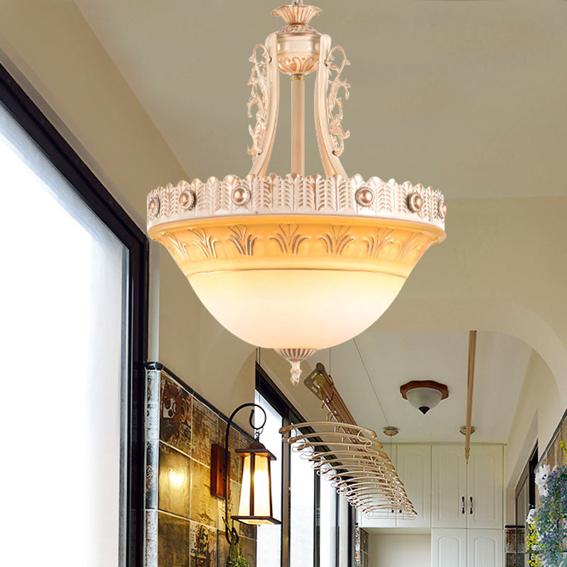 Beige/Brass Bell Shape Hanging Lamp Rustic Style Milky Glass 12"/16"/19.5" Wide Single Head Hallway Down Lighting Pendant