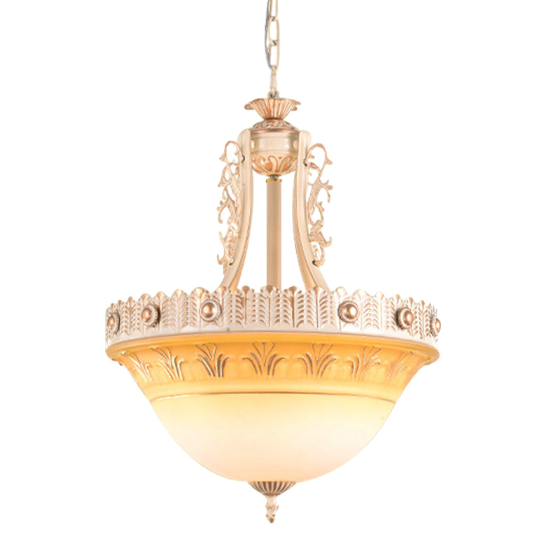 Beige/Brass Bell Shape Hanging Lamp Rustic Style Milky Glass 12"/16"/19.5" Wide Single Head Hallway Down Lighting Pendant