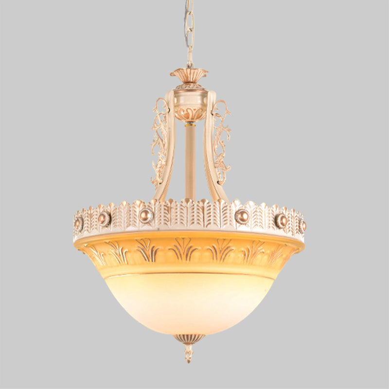 Beige/Brass Bell Shape Hanging Lamp Rustic Style Milky Glass 12"/16"/19.5" Wide Single Head Hallway Down Lighting Pendant