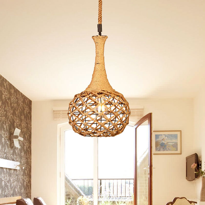 Nautical Globe Cage Hanging Pendant Light 1 Light Metal and Rope Suspension Light in Beige for Dining Room