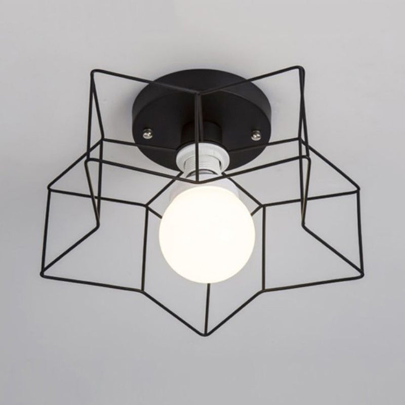 1 plafond étoile de bulbe Lumière montée avec une nuance à cage noire industrielle / blanc métal semi-flush lumière pour chambre à coucher