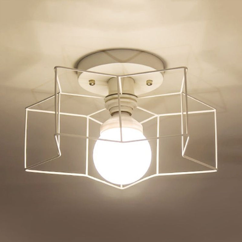 1 plafond étoile de bulbe Lumière montée avec une nuance à cage noire industrielle / blanc métal semi-flush lumière pour chambre à coucher