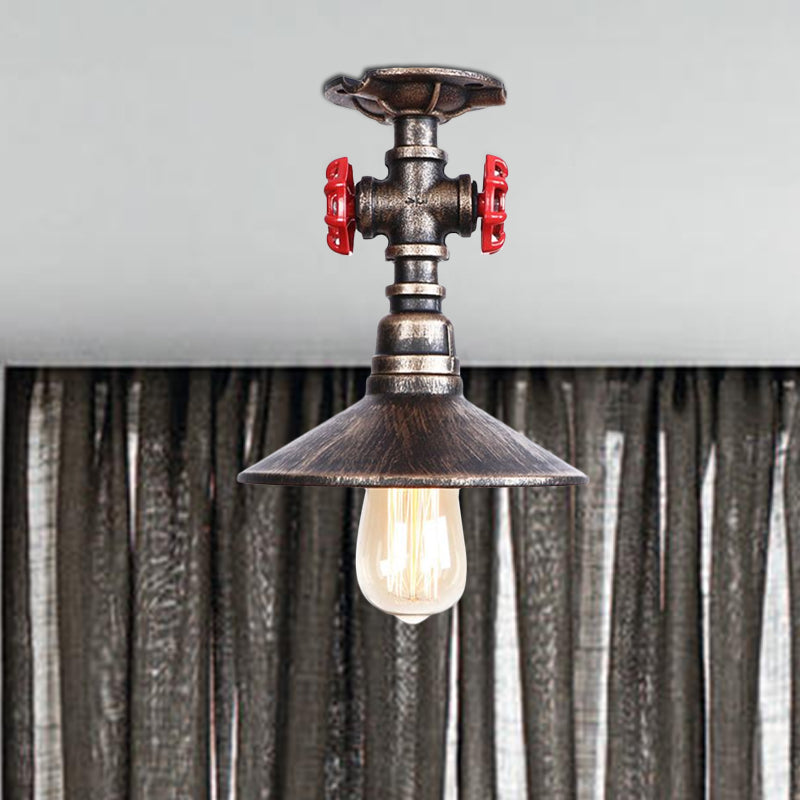 Cone Iron Semi-Flush Ceiling Light Loft Industrial 1 Light Bedroom Ceiling Lamp with Red Faucet Valve in Black/Bronze