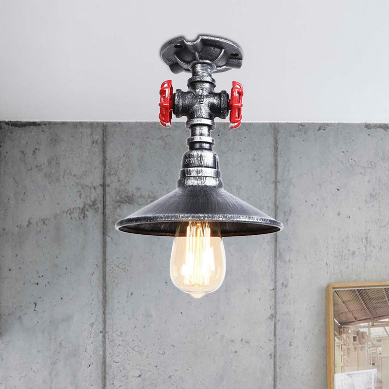 Cone Iron Semi-Flush Ceiling Light Loft Industrial 1 Light Bedroom Ceiling Lamp with Red Faucet Valve in Black/Bronze