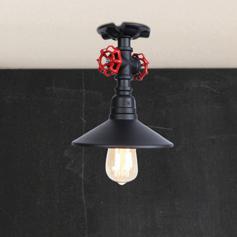 Luz de techo semi-flush de cono de hierro loft industrial 1 lámpara de techo de dormitorio ligero con válvula roja del grifo en negro/bronce