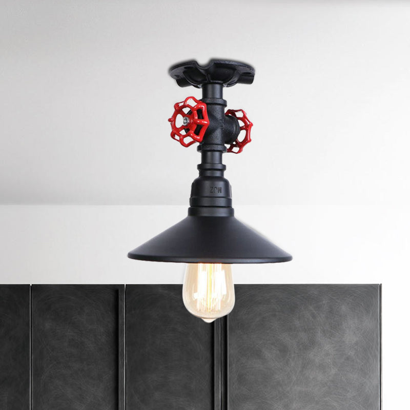 Cone Iron Semi-Flush Ceiling Light Loft Industrial 1 Light Bedroom Ceiling Lamp with Red Faucet Valve in Black/Bronze