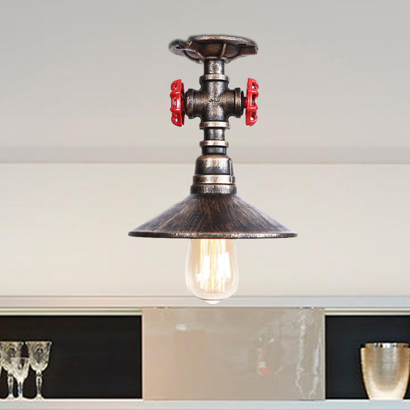 Cone Iron Semi-Flush Ceiling Light Loft Industrial 1 Light Bedroom Ceiling Lamp with Red Faucet Valve in Black/Bronze