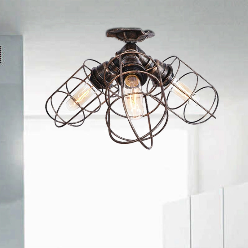 3 lumières Semi Flush Light avec cadre métallique en fer forgé de fer rustique élégant semi-luxueuse Pendante Lumière en bronze / argent âgé