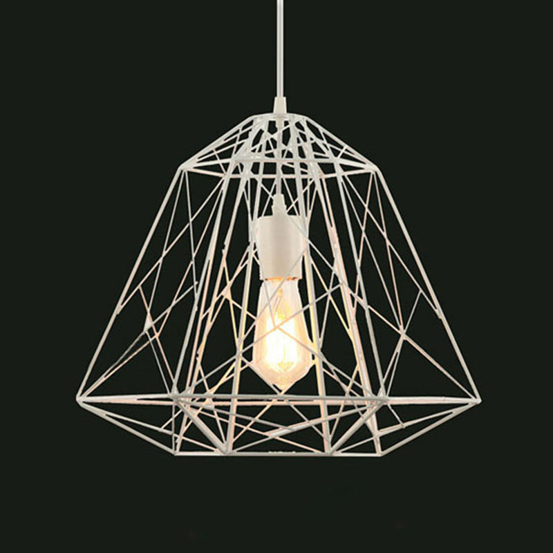 1 Head Ceiling Hanging Light Retro Style Geometric Cage Shade Metallic Suspension Lamp in Black/White