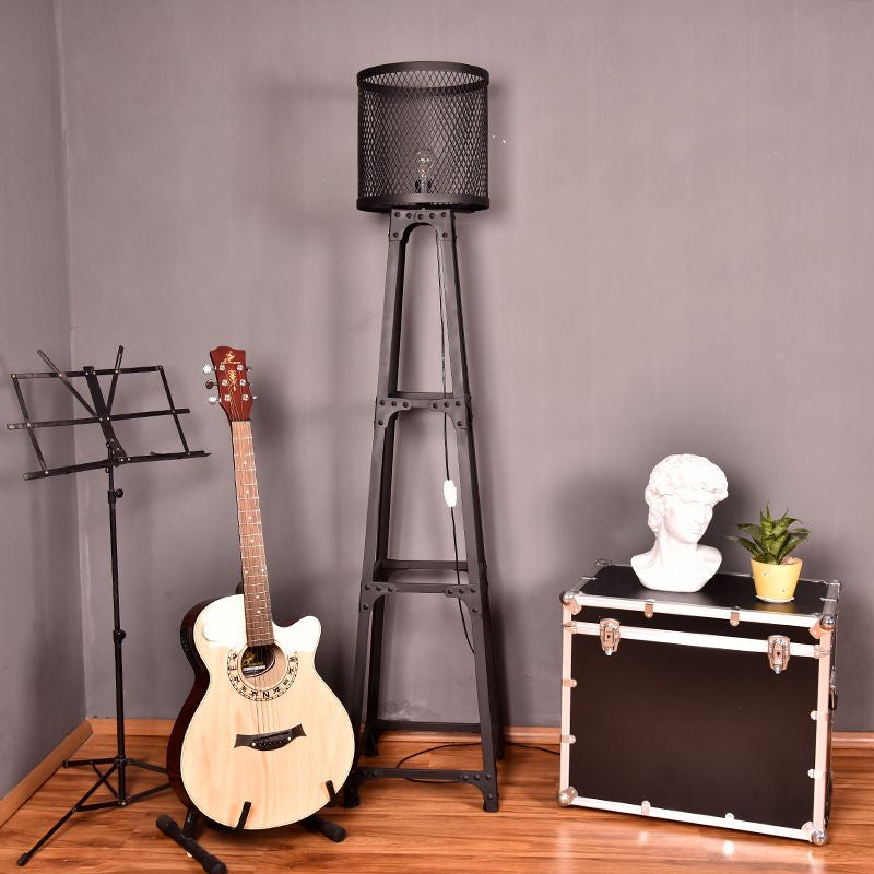 1 Kopfnetzbildschirm Stehlicht mit Drum Shade Retro Industrial Black Finish Metall Stehende Bodenlicht