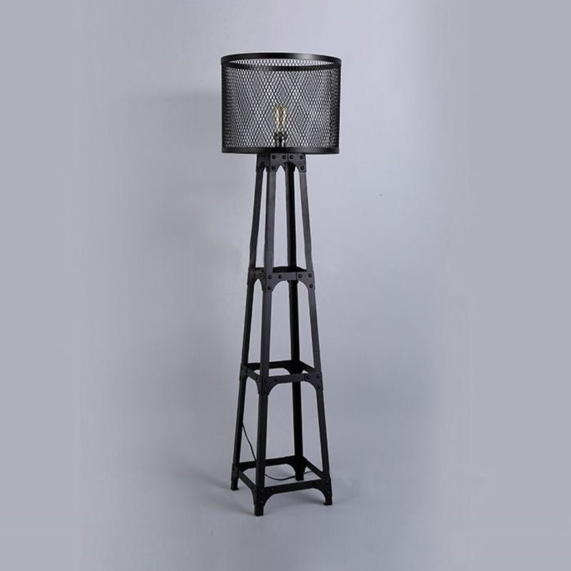 1 Kopfnetzbildschirm Stehlicht mit Drum Shade Retro Industrial Black Finish Metall Stehende Bodenlicht