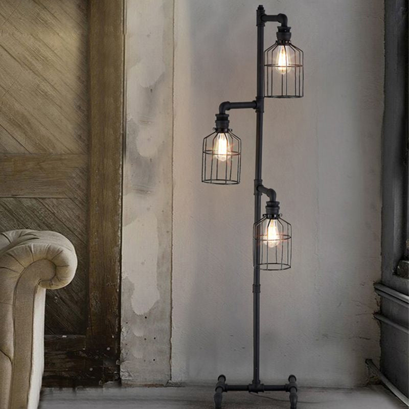 Birdcage Living Room Standing Floor Lamp with Wire Guard Industrial Rustic Iron 3 Lights Black Floor Light