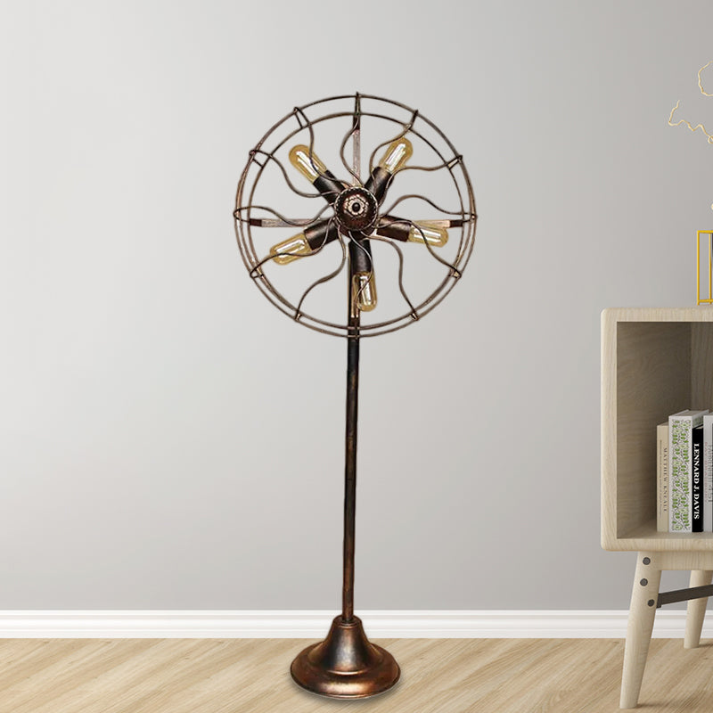 Antique Bronze Fan Design Floor Lamp with Cage Shade Rustic Loft Wrought Iron 5 Lights Indoor Floor Light