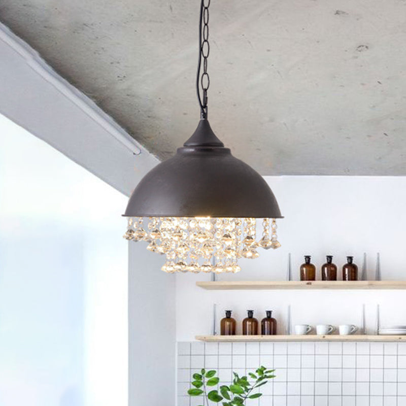 1 Bulb Dome Pendant Light Fixture Industrial Black/Chrome Metal Hanging Light with Crystal Bead