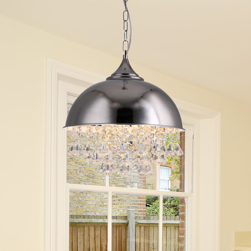 1 Bulb Dome Pendant Light Fixture Industrial Black/Chrome Metal Hanging Light with Crystal Bead