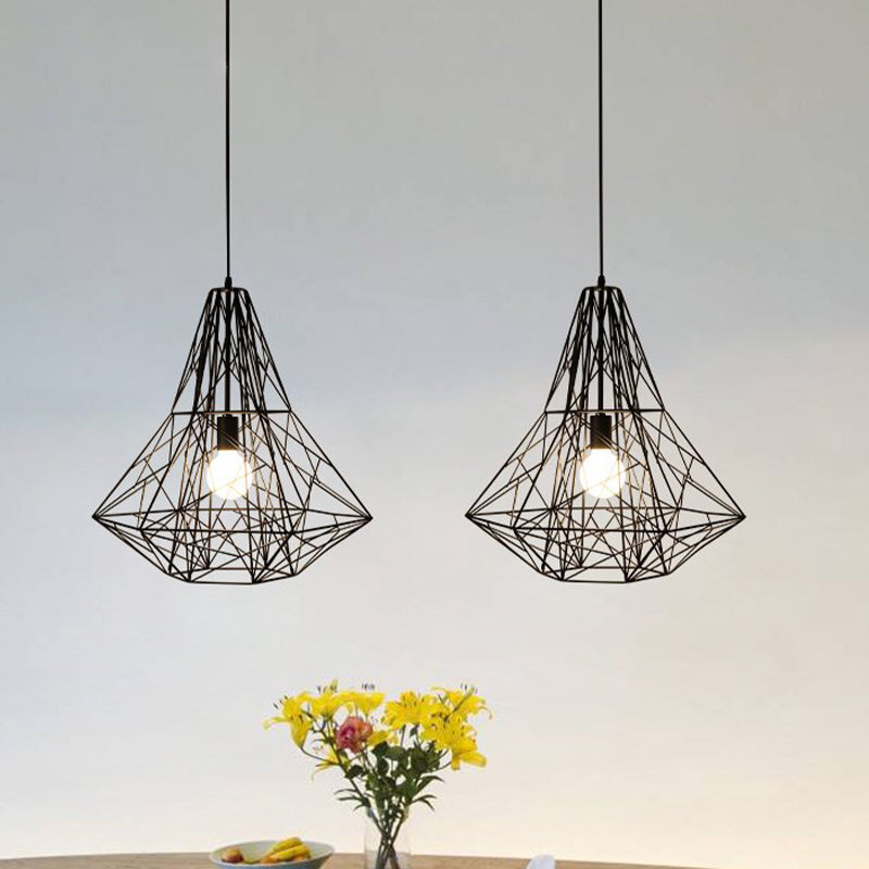 Industrial Cage Diamond Pendant Lighting 1 Head Metallic Hanging Lamp in Black/White for Dining Room, 16"/19.5" Dia