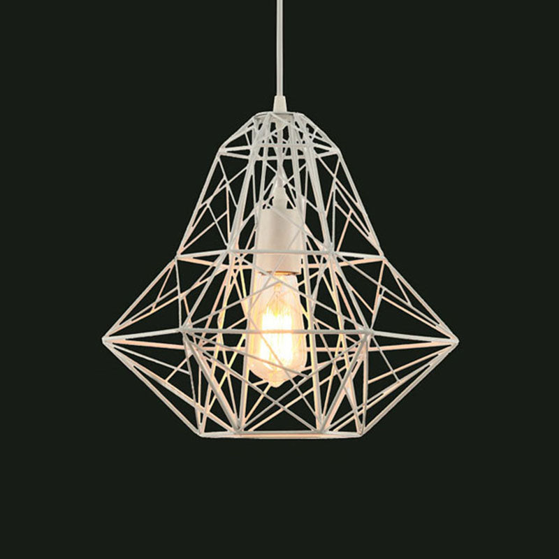 Industrial Cage Diamond Pendant Lighting 1 Head Metallic Hanging Lamp in Black/White for Dining Room, 16"/19.5" Dia